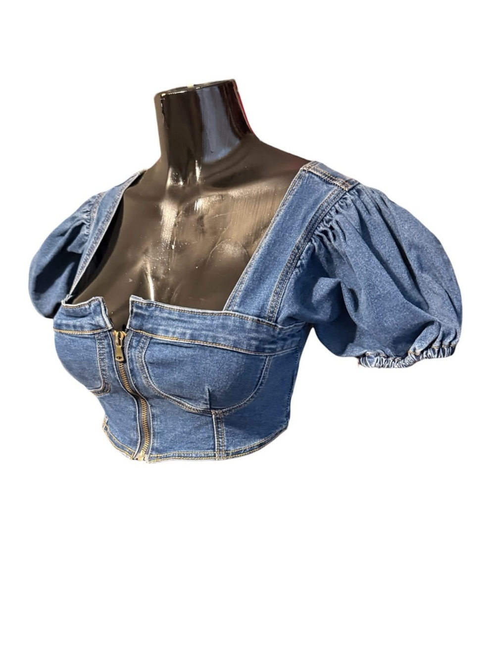 Denim Puff Sleeve Zip-Front Crop Top - Blue